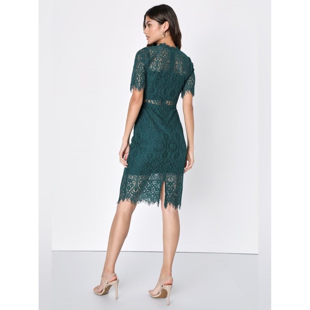 Lulu's Remarkable Forest Green Sheer Lace Short Sleeve Mini Dress Size Medium - Picture 2 of 8